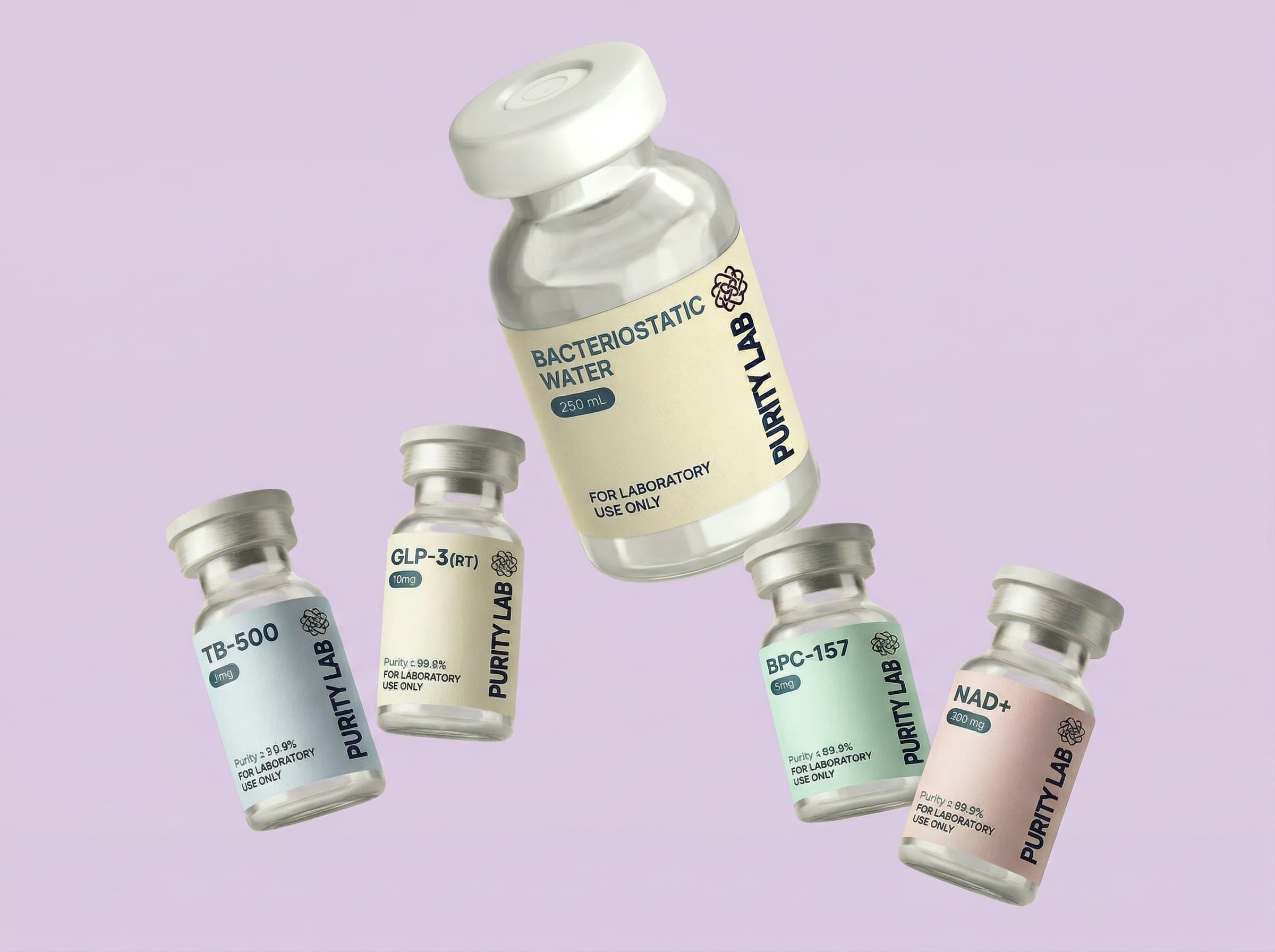 Purity Lab peptide vials including BPC-157, TB-500, GLP-3, NAD+, and Bacteriostatic Water
