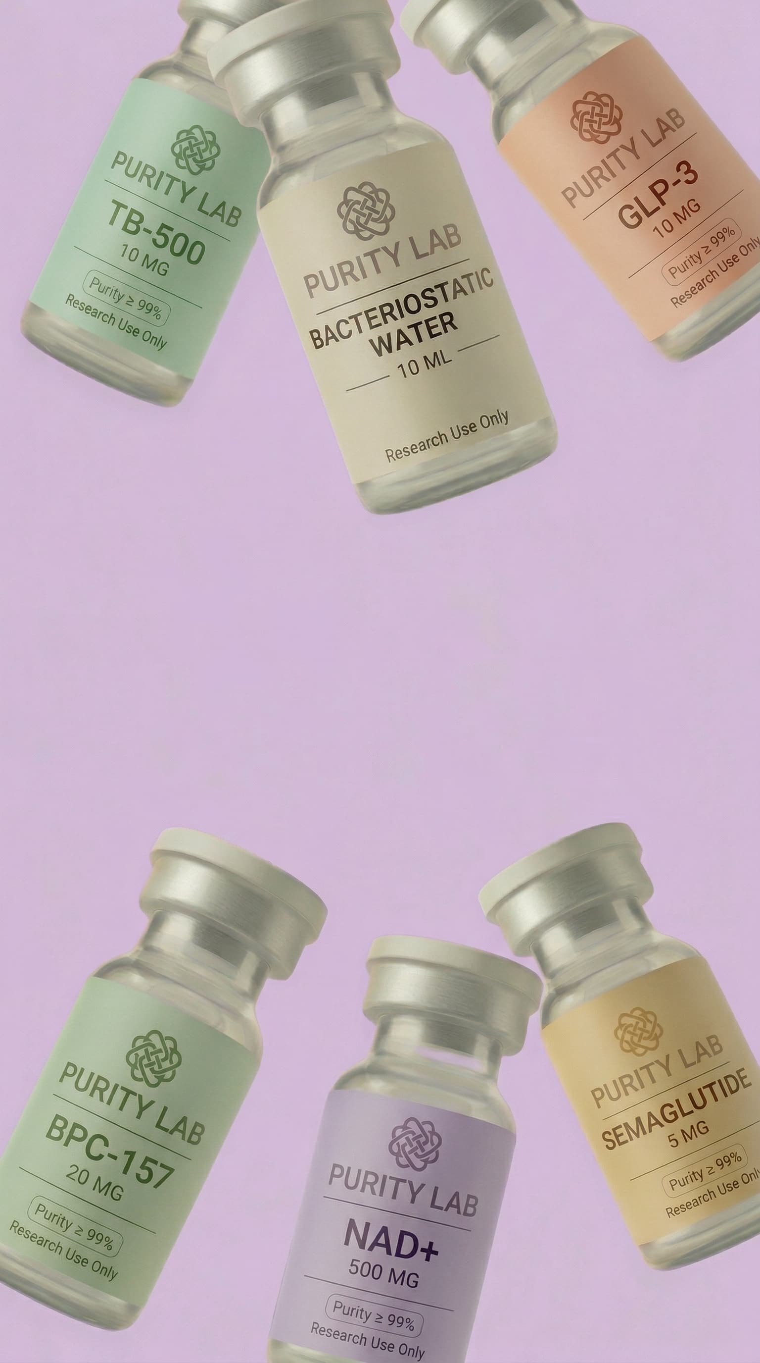 Purity Lab peptide vials including BPC-157, TB-500, GLP-3, NAD+, and Bacteriostatic Water